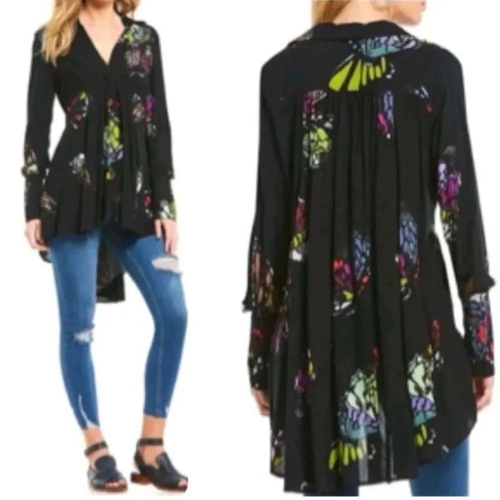 Free People Field Of Butterflies Printed Hi-Low Tunic Black Size XSmall - Picture 2 of 13
